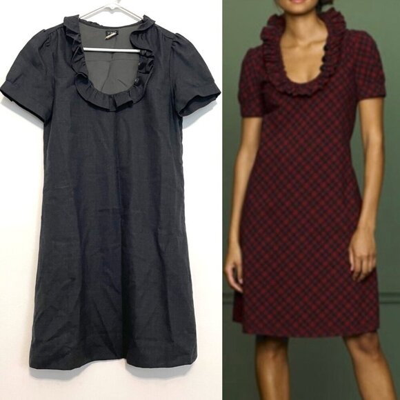 J. CREW Phoebe Ruffle Dress Solid Dark Gray Charcoal WOOL Blend Short Sleeve 2 - Picture 1 of 16